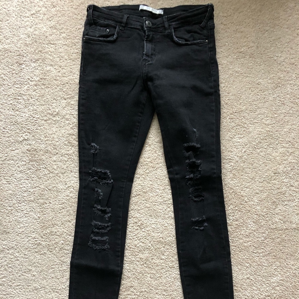 Zara black distressed jeans with zipper detail